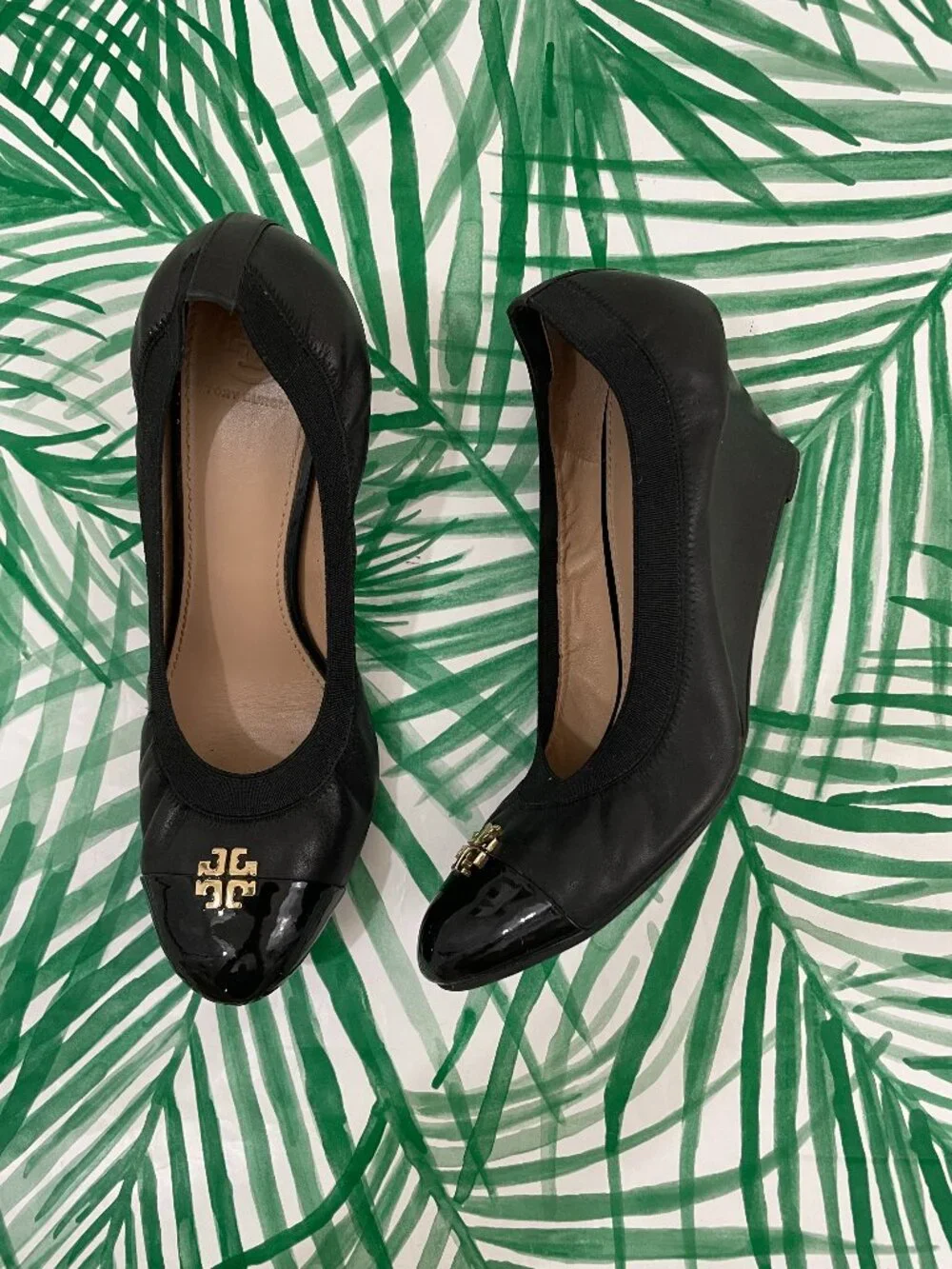 Tory Burch Jolie Black Leather Wedge Pumps Women's Size 10.5